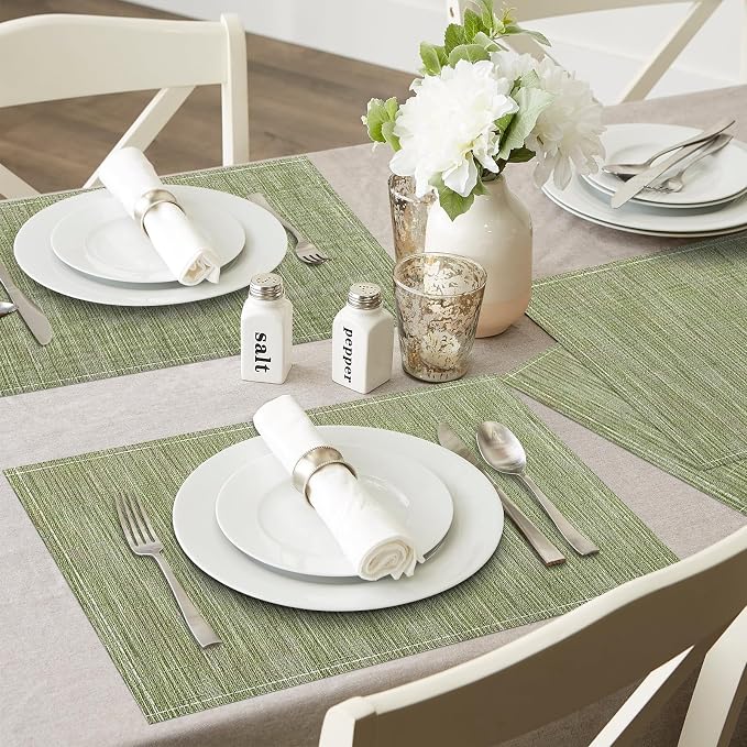 Green Placemats Set of 8, 12x18 Inch Washable Easy to Clean Heat-Resistant Anti-Skid Sage Green Placemats for Holiday Party Kitchen Dining Room Decoration