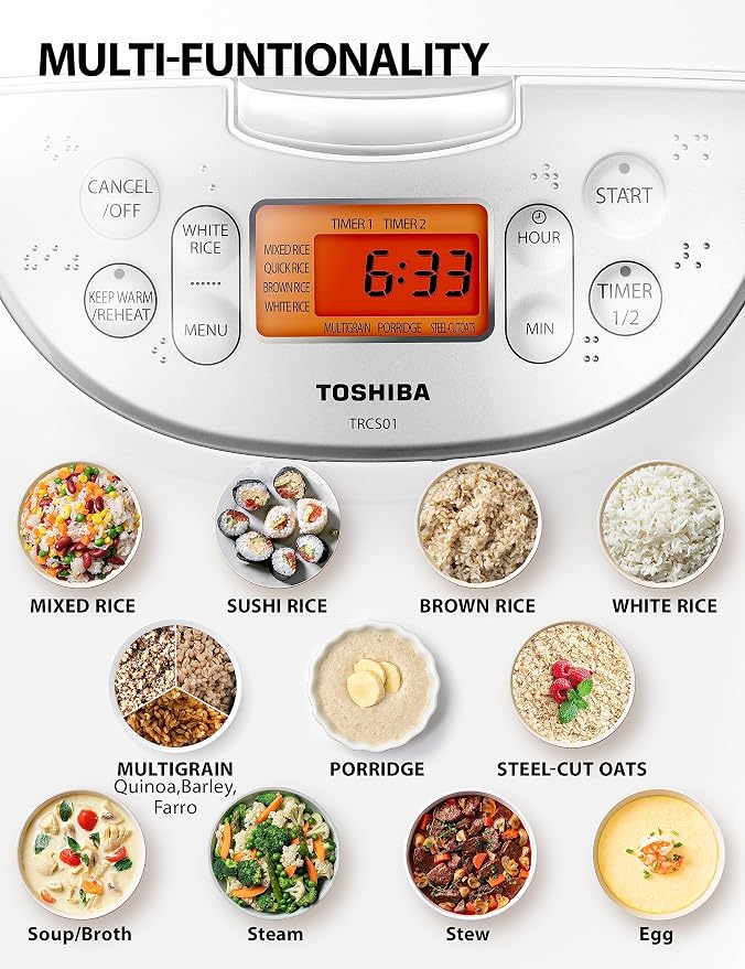 Toshiba Rice Cooker 6 Cup Uncooked – Japanese Rice Cooker with Fuzzy Logic Technology, 7 Cooking Functions, Digital Display, 2 Delay Timers and Auto Keep Warm, Non-Stick Inner Pot, White | japanese style, white. 7 cooking functions, digital display, 2 ...