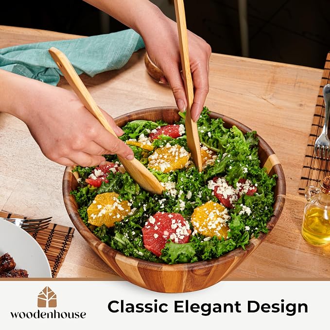 Wooden Salad Bowl, 12" Round Wood Bowl for Fruit & Serving | Handmade, Durable & Stylish Natural Dining Accessory – Elegant Design for Any Table