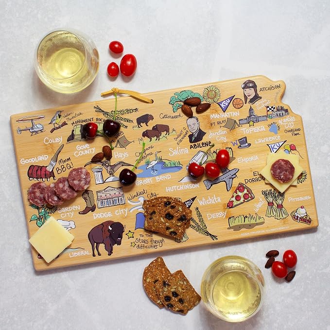 Totally Bamboo Kansas State Shaped Cutting Board, Art by Fish Kiss | State charcuterie board with colorful hand-drawn map artwork. Smooth reverse side for food prep. Hang tie for wall display.