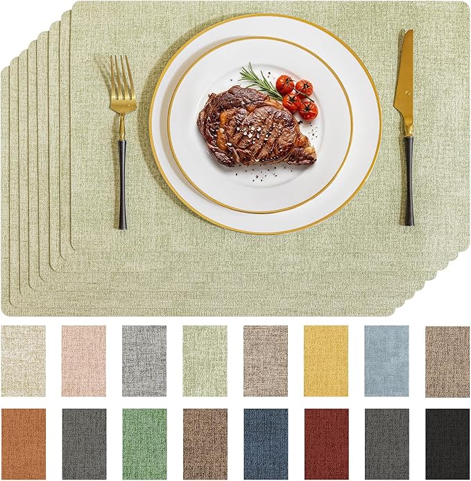 Romanstile Vinyl Placemats Set of 8-12 X 17 Inch - Faux Leather 100% Waterproof Wipeable Anti Slip Place Mats, Heat Resistant Reversible PU Table Mats for Kitchen Dining Party Outdoor, Grass Green