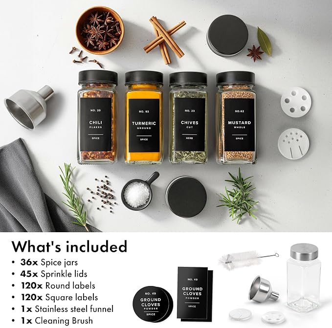 Glass Spice Jars with Label, Seasoning Set, 36x Black Steel Lids | Airtight Lids keep spices fresh, Kitchen Spice Drawer Organizer, 4oz Seasoning Containers incl. Funnel, Brush & 240 Labels