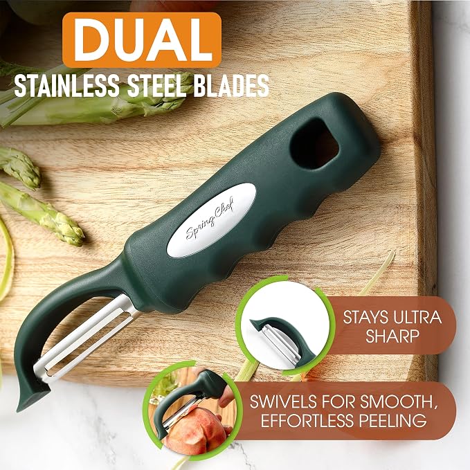 Spring Chef Potato Peeler for Kitchen with Soft Grip Handle, Pine Green | Premium Vegetable Peeler w/ Sharp Stainless Steel Blades, Multifunctional Food Peeler for Apple, Carrot, Cucumber, Fruit