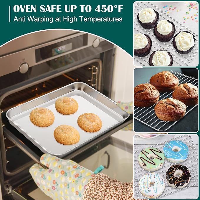 E-far 1/8 Baking Sheet with Wire Rack, Stainless Steel 2 Pans + 2 Racks | 9.4 x 7.3 Inch Cookie Sheets Trays & Cooling Rack for Toaster Oven, Non Toxic & Warp Resistant, Oven & Dishwasher Safe