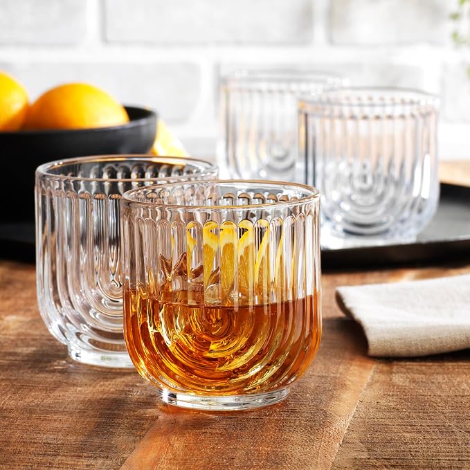 Glaver's Vintage Glassware Art Deco Glasse Ribbed Drinking Glasses U-Shape Arch Design Colored Cocktail Kitchen Tumblers Everyday Dinner Decorative Party (Clear S/4 11oz)