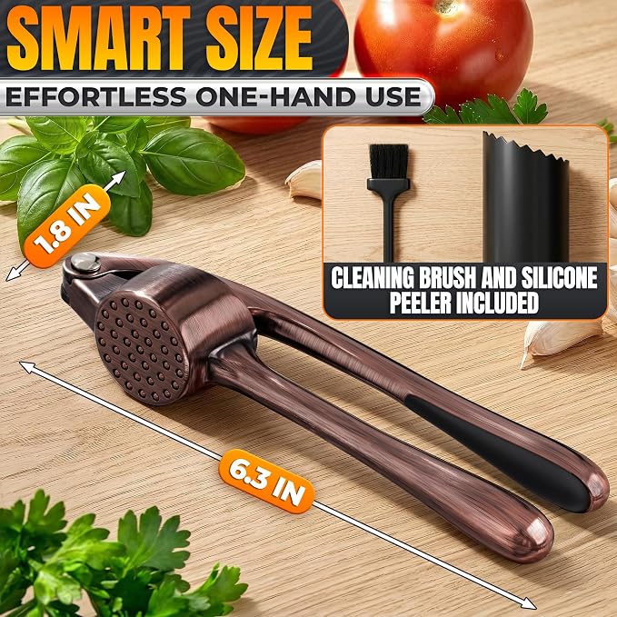 Stainless Steel Garlic Press Set, Peeler & Cleaning Brush, Copper | Ginger Mincer with 37 Built-In Studs for Maximum Extraction, Garlic Crusher for Ginger and Soft Nuts, Ergonomic Handle