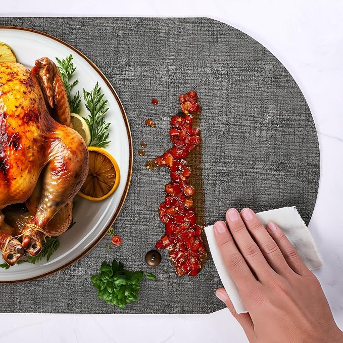 DOLOPL Oval Placemats Set of 6, Charcoal Faux Leather Place Mats, Large | Large Size 13.8" x 21.6", Reversible, Wipeable & Washable, Heat Resistant, Waterproof, Modern Style for Kitchen, Dining Table