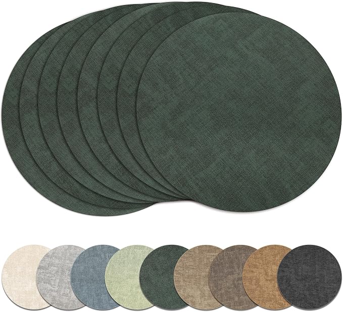 13" Round Placemats Set of 8, Reversible Faux Leather Wipeable Table Mats | 2mm Vinyl Heat Resistant, Waterproof Oilproof Scratch Proof Non-Slip, Washable for Kitchen Dining Indoor Outdoor (Dark Green)