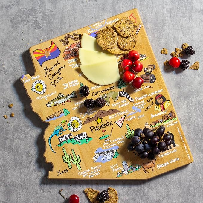 Totally Bamboo Arizona State Shaped Cutting Board, Art by Fish Kiss | State charcuterie board with colorful hand-drawn map artwork. Smooth reverse side for food prep. Hang tie for wall display.