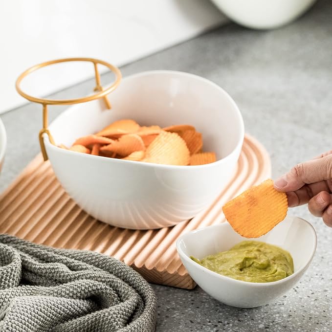 YHOSSEUN Chip and Dip Serving Set 2 Tiered Chip Dip Bowls with Metal Rack | Large Chip Bowl 45 oz for Appetizer, Snacks, Small Dip Bowl 7 oz for Sauce, Serving Bowls for Party, Food Dispaly, Gold Stand
