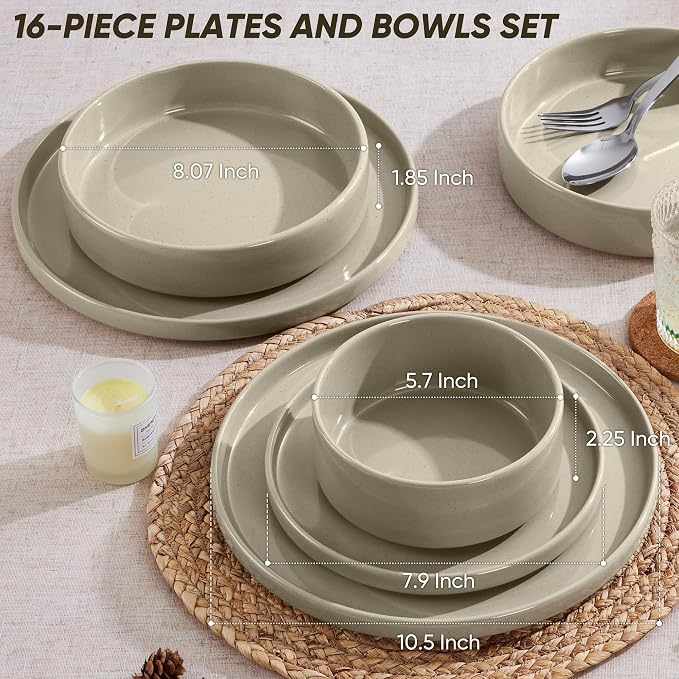 E-far 16-Piece Stoneware Dinnerware Sets with Pasta Bowls, Speckled Khaki | Plates and Bowls Sets for 4, Chip and Scratch Resistant, Microwave & Dishwasher Safe Kitchen Modern Dish Set