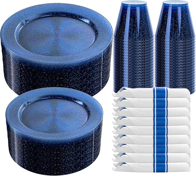 DaYammi 350 Pieces Cobalt Blue Glitter Dinnerware Set 50 Guest for Party- 50 Dinner Plates, 50 Dessert Plates -50 Per Rolled Napkins with Blue Cutlery - 50 Disposable Cups 9 OZ