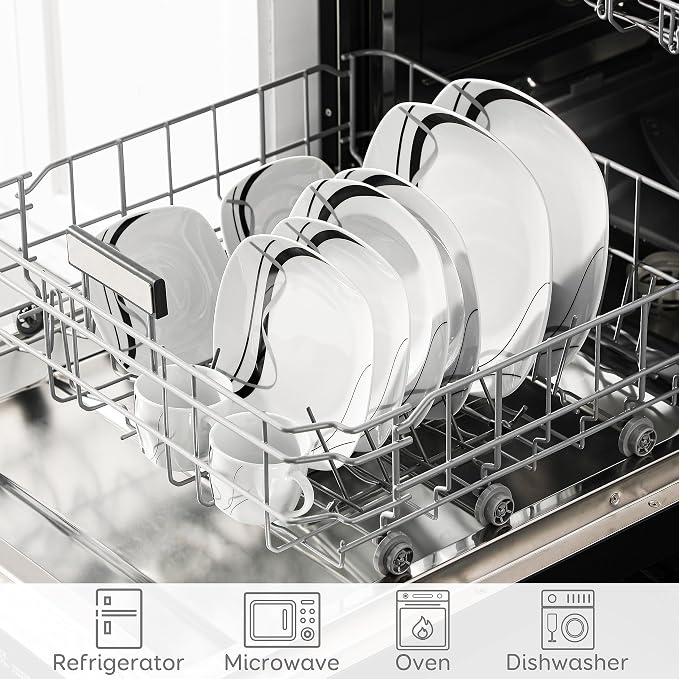 VEWEET Ceramic Dinnerware Sets for 6, White and Black Dishes Set, FIONA | Porcelain Dinner Set Including Dessert Plates, Soup Plates, Dinner Plates, Cups & Saucers, Microwave & Dishwasher Safe