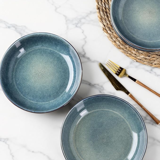 AmorArc 8.5’’ Ceramic Pasta Bowls Set of 4, 36oz Large Stoneware Bowls Set | Large Dinner Serving Bowls Set, Wide Bowl Plate for Pasta,Salad, Soup, Microwave Safe, Reactive Glaze-Ceylon Blue