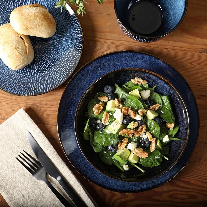 Gibson Elite Matisse 16-Piece Dinnerware Set – Double Bowl Reactive Glaze Cereamic Stoneware in Blue – Plates and Bowls Sets for 4, Microwave & Dishwasher Safe, Rustic Modern Design