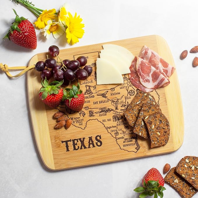 Totally Bamboo A Slice of Life Texas Engraved Map Cutting Board | 11” x 8.75” charcuterie board with engraved state map artwork. Smooth reverse side for food prep. Hang tie for wall display.