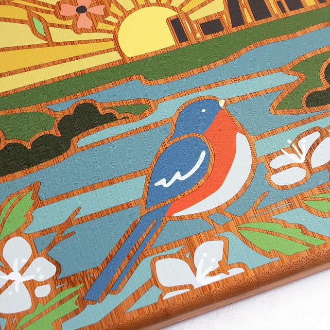 Totally Bamboo Missouri State Shaped Cutting Board, Summer Stokes Art | State charcuterie board with colorful hand-drawn landscape art. Smooth reverse side for food prep. Hang tie for wall display.
