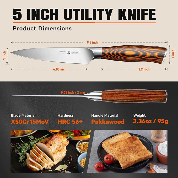 TUO Utility Knife, 5 inch Small Kitchen Knife for Paring & Slicing, with Ergonomic Pakkawood Handle, High Carbon German Stainless Steel - Fiery Phoenix Series