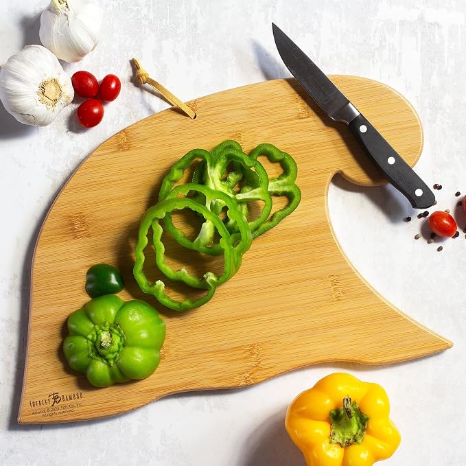 Totally Bamboo Hawaii State Shaped Cutting Board, Art by Fish Kiss | State charcuterie board with colorful hand-drawn map artwork. Smooth reverse side for food prep. Hang tie for wall display.