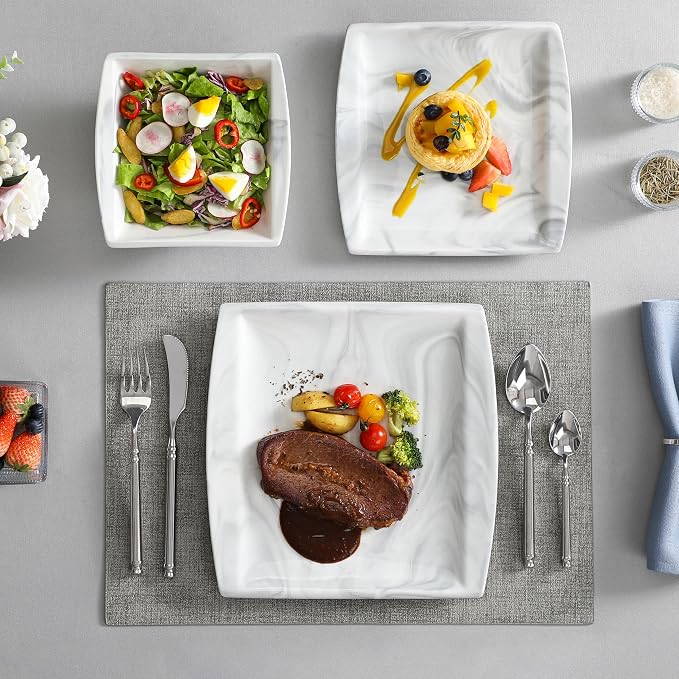 MALACASA Plates and Bowls Sets, 12-Piece Porcelain Dinnerware Sets for 4, Square Plates and Bowls for Dessert, Salad and Soup, Ceramic Dishes Dining Dishware Set, Marble Grey, Series Blance | Complete with Plates, Bowls, Cups, Saucers, Microwave Oven a...