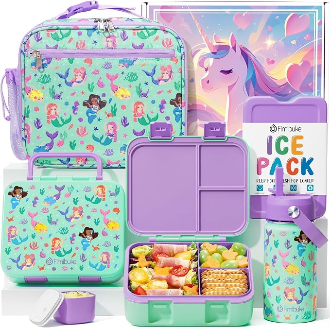 Fimibuke Bento Lunch Box for Kids - Toddler Girls Snack Bento Box Container | with 3 Compartments, 14oz Stainless Steel Water Bottle, Insulated Lunch Bag, Ice Pack Set for Ages 3-12 Daycare, Mermaid