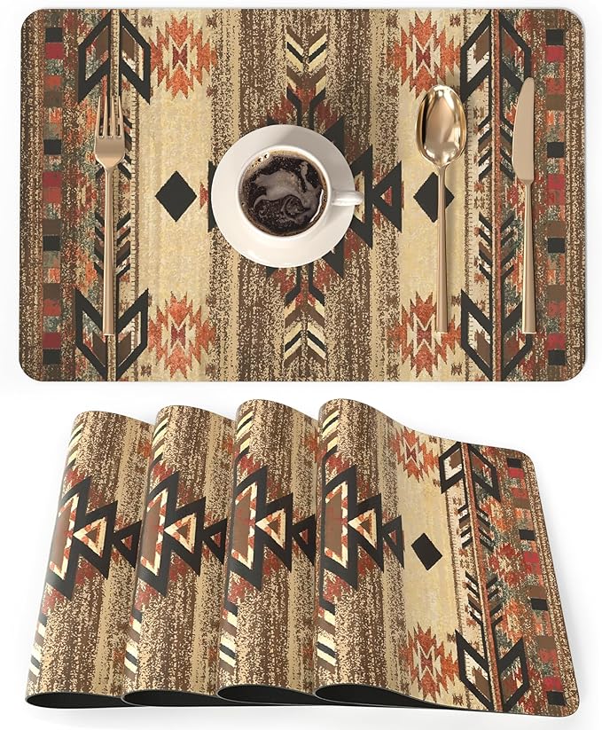 QIYI PU Leather Placemats Set of 4, 12"x18" Waterproof Table Mats, Folk Geo | Faux Leather, Heat Resistant, Anti Slip, Wipeable Place Mats for Kitchen Dinning, Party Table Décor, Geometric Motifs