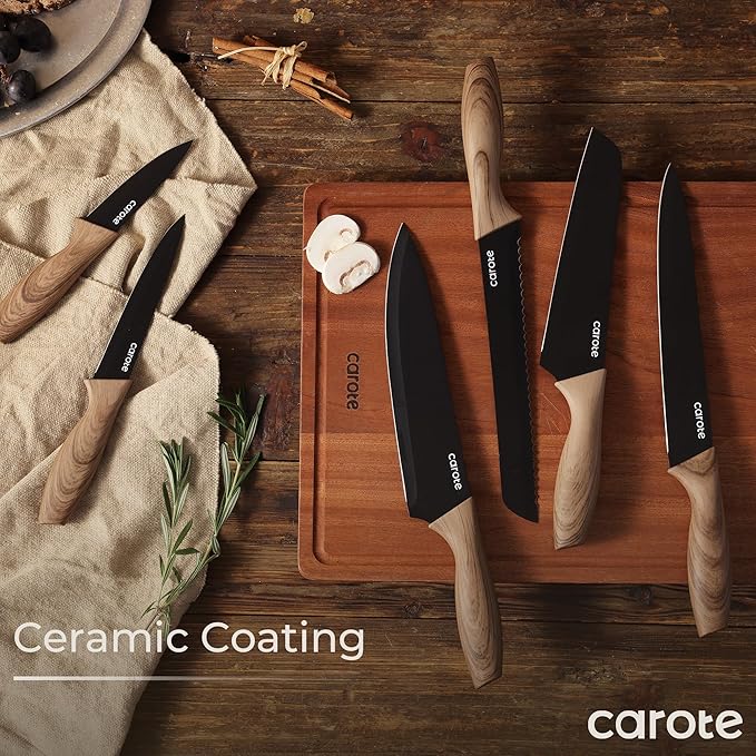 CAROTE 12-Piece Knife Set, Knives with Wood-Grain Finish Handles, Black | 6 Blade Guards, Stainless Steel Blade, Ceramic Nonstick Coating, Long-Lasting Sharpness, Rust-Resistant, Kitchen, Camping, RV