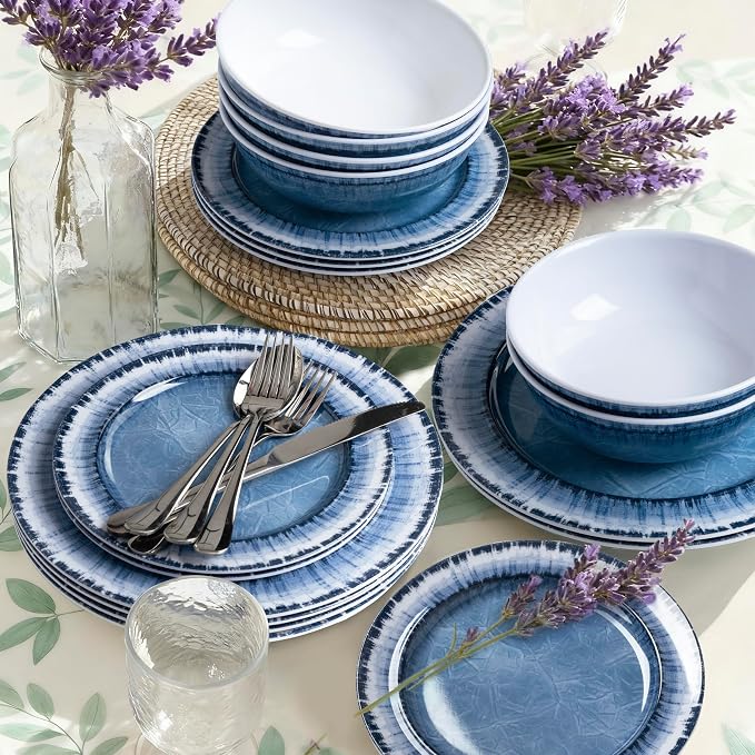 Melamine Dinnerware Set of 18 Pcs Dinner Dishes Set for Indoor and Outdoor Use, Dishwasher Safe, Lightweight Unbreakable, BPA Free (Navy, Service for 6 (18pcs))