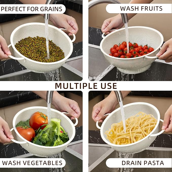 Stainless Steel Colander 3 Piece,Metal Strainer Basket with Solid Base and Handles for Kitchen Food,Pasta, Noodles, Vegetables and Fruits,Powder Coated,BPA Free,Dishwasher Safe,2 & 3 & 4.5 Qt (Cream)