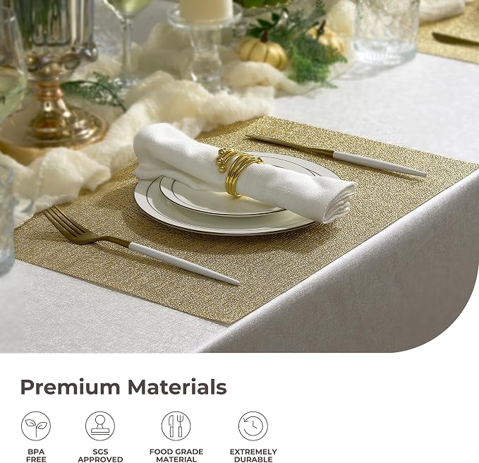 Leetaltree Gold Placemats Set of 24 - Heat Resistant Non-Slip Place mats for Dining Table, Washable Durable PVC Vinyl Woven Table Mats(Luxury Gold, 24)