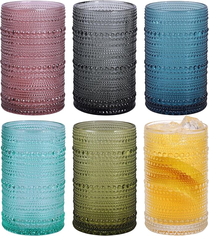 Moretoes Colored 12 Oz Hobnail Drinking Glasses Set of 6,Water Glass Cups | Highball Glasses Embossed Boho Kitchen Bar Tumbler Glassware Set for Whiskey, Beer, Juice, Milk and Various Mixed Drinks