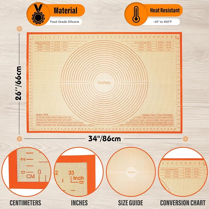 Silicone Pastry Mat 34x26 Inch Nonstick Baking Mat -Perfect for Doug, Pastry, Bread, Dough Rolling, Kneading Board, Pie Crust, Fondant, Pasta/Pizza, Kitchen Counter Mat