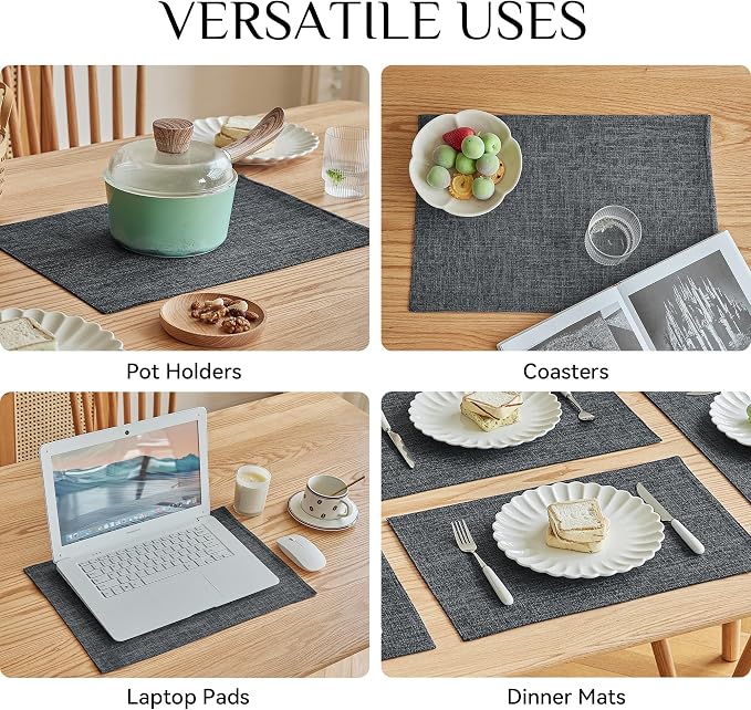 Softalker Faux Linen Placemats Set of 8-12 x 18 Inch, Heat Resistant Double Layered Durable Burlap Farmhouse Place Mats, Non-Slip Washable Rustic Table Mats for Dining, Kitchen, Party（Dark Grey