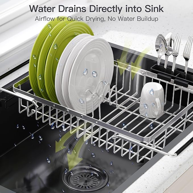 JASIWAY Expandable Dish Drying Rack Over the Sink with Utensil Holder | Stainless Steel Adjustable Dish Driainers for Small Kitchen, Counter Space Saving, Fast Drain, Rustproof, For Apartment, RV