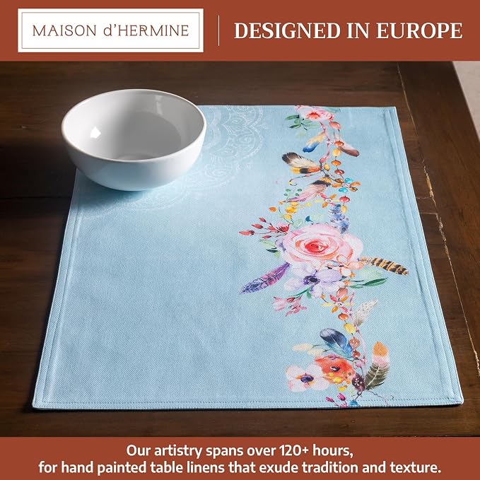 Maison d' Hermine Placemats Set of 4 Reusable 100% Cotton (13"x19") | Cloth Place Mats Washable Table Mats for Kitchen Dining Party Wedding Hotel Home Restaurant Spring Summer - Ibiza - Blue