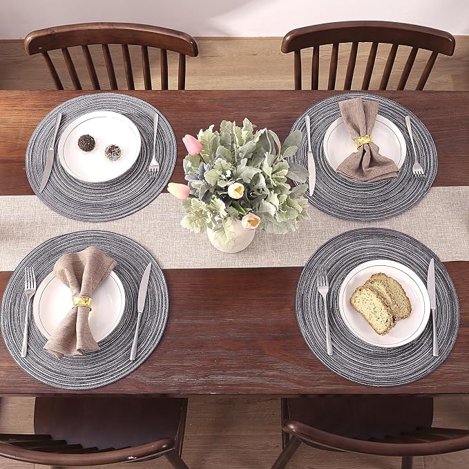 SHACOS Round Placemats Set of 4 Round Braided Placemats 15 inch Cotton Polyester Woven Table Placemats for Dining Table Holiday Party (Black Grey, 4)