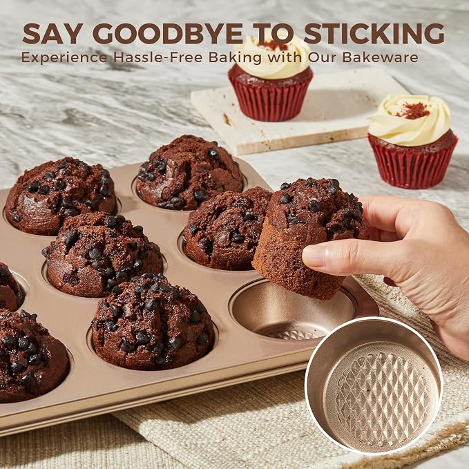 9-Piece Baking Pans Set Nonstick, Stackable Non Toxic Bakeware Sets with Diamond Texture, Oven Pan Set for Cooking, Includes Cookie Sheet with Rack, Cake Pan, Roasting Pan, Muffin Tin, Gold