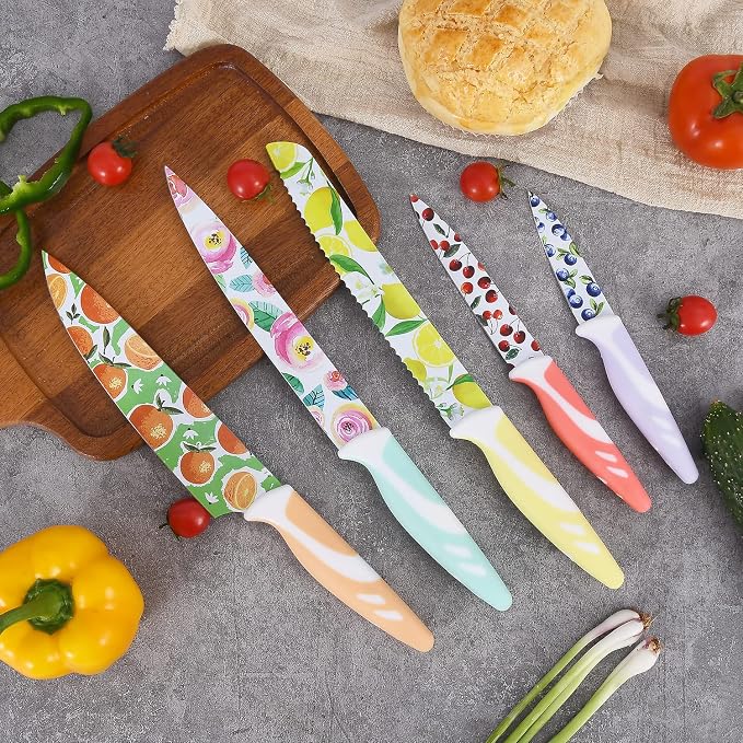UPTRUST 10-piece Stainless Steel Kitchen Knife Set, Nonstick Coated with 5 Blade Guard, Multicolored Knives Set Gift for Mom