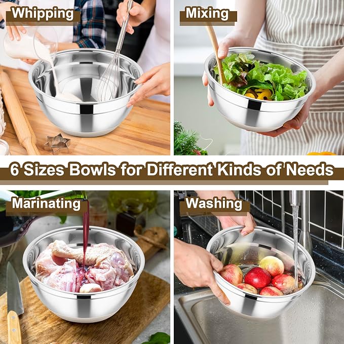 TeamFar Mixing Bowls, Stainless Steel Salad Bowl with Lid & Graters -Khaki | 6 PCS for Kitchen Baking Serving Prepping, Container for Dough Veggie Fruit, Non-Slip & Nesting, 4.6 /3.5 /2 /1.5 /1 /0.7 QT