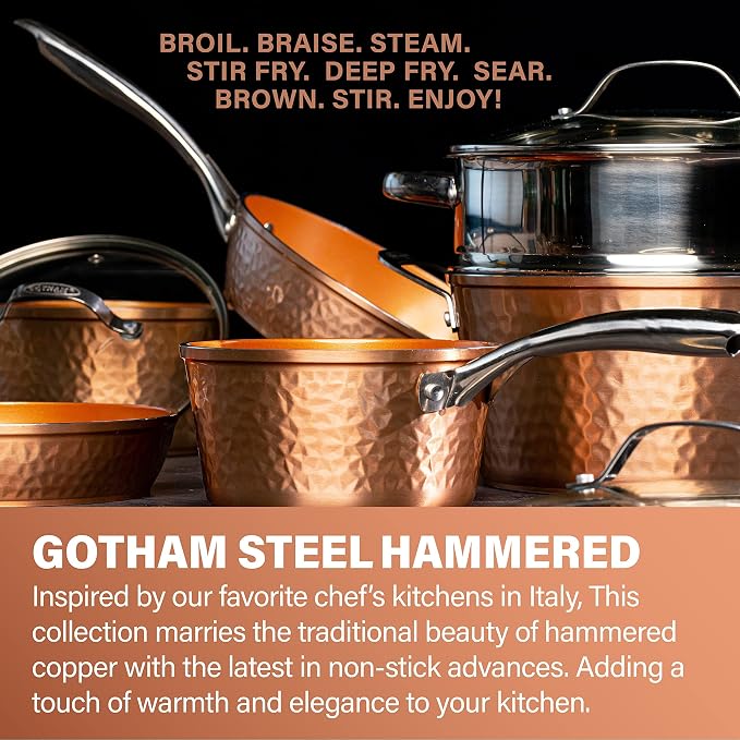 Gotham Steel Hammered Frying Pan Set, 3 Piece Nonstick Copper Fry Pans, 8”, 10” & 12” Skillet, Omelet Pan, Cookware, PFOA Free, Dishwasher Safe, Cool Touch Handle | 8, 10, 12" Fry Pans, Non Toxic PFOA/PFOS/PTFE Free, Induction Compatible, Oven and Dish...