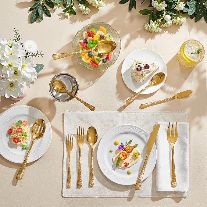 45 Piece Gold Silverware Set with Serving Utensils, 18/10 Stainless Steel | Hammered Ripple Handles, Serving Utensils, Dishwasher Safe, Rust Resistant, for Weddings, Parties & Holiday Dinners