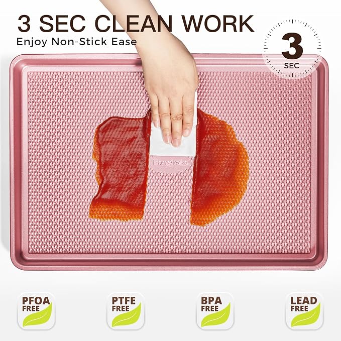 Baking Sheet Pan Set, Cookie Sheets for Oven, Nonstick Half/Quarter/Jelly Roll Pans with Diamond Texture Pattern, Heavy Duty Cookie Tray, Pink