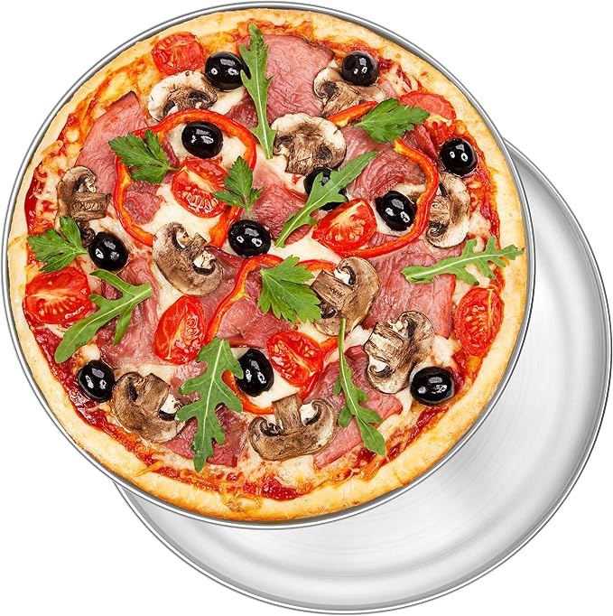 P&P CHEF Pizza Pan Set of 2, 12 Inch Stainless Steel Pizza Tray, Silver | 2 Pieces Round Pizzas Plate for Pie Cookie Cake, Good For Baking Cooking Roasting, Non Toxic & Heavy Duty, Dishwasher Safe