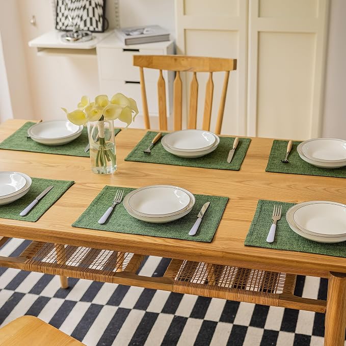 Demetex Dark Green Placemats Set of 8 Decorative Linen Textured Place Mats Heat Resistant Plate Table Mats for Summer Cafe Party Banquet Tables, 13x19 inch, Green