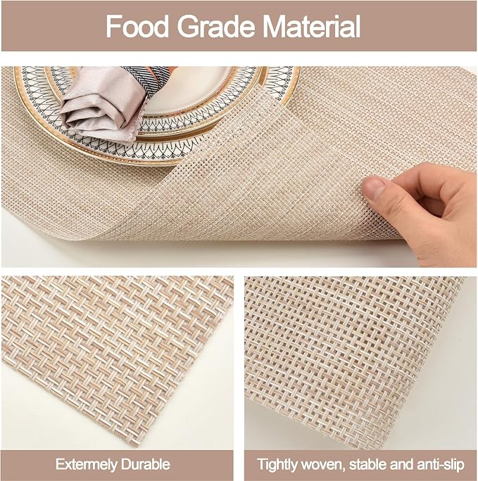 SLKQG Beige Placemats Set of 4 - Easy Clean Washable Vinyl Placemats - Wipeable Heat Resistant Table Mats for Dining Table - 17.7x11.8 Inch (4, Beige)