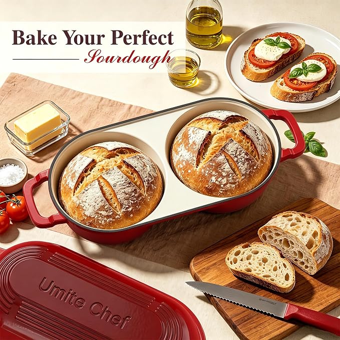 Umite Chef Dutch Oven for Bread Baking–Enamelled Cast Iron Dutch Oven Pot with Lid – 500°F Oven Safe–Double Round Loaf Bread Pan with 5" Banneton Proofing Baskets for Homemade Bread, Meatloaf, Cake