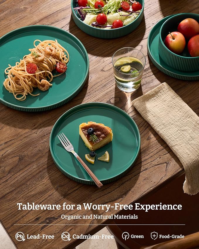 Famiware Star Stoneware Dinnerware Sets with Pasta Bowls, 16pc Dishes for 4 | Ceramic Flat Plates and Double Bowls. Chip & Scratch Resistant. Microwave & Dishwasher Safe, Everyday & Party Use, Sage Green
