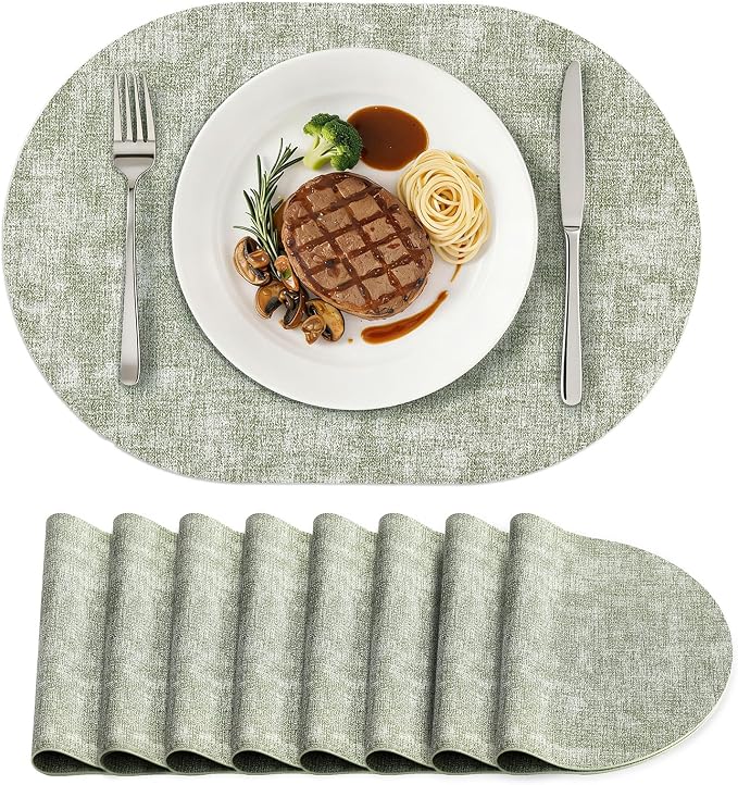 Placemats Set of 8, 11.8 x 17 Inch, Grass Green | Heat Resistant Oval Faux Leather Place Mats, Waterproof Wipeable Reversible PU Placemat, Indoor & Outdoor