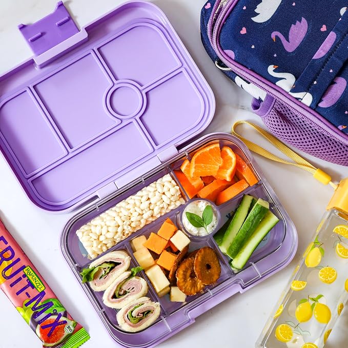 Yumbox Original Leakproof Bento Lunch box - Ami Purple | 5 Compartments + Dip Well, Easy-Open Latch, Just Right Portions, Removable Illustrated Tray Cats & Dogs