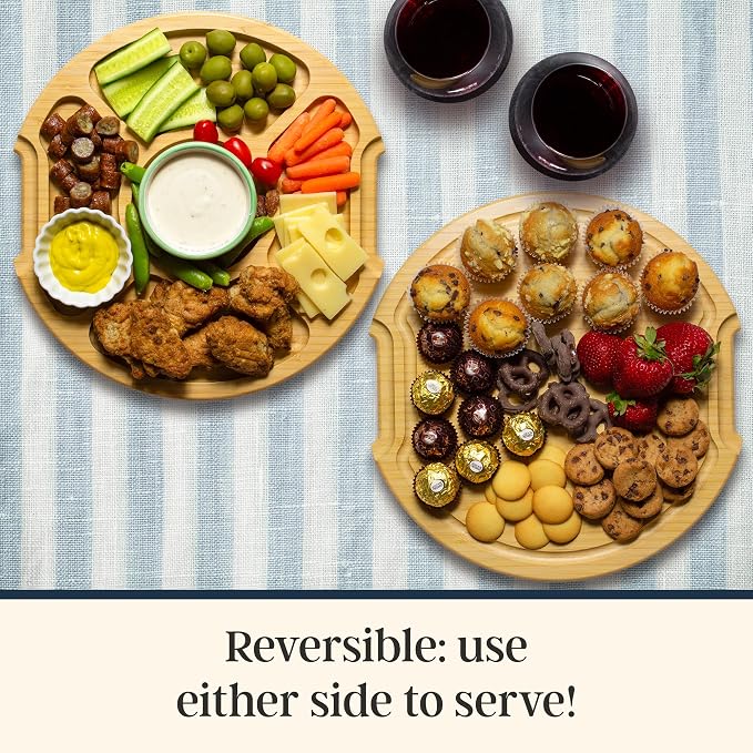 Totally Bamboo Flip, Serve & Store Reversible Charcuterie Board with Lid | Round portable serving board with 5 compartments and locking travel cover. Cutting side includes juice groove for prep.